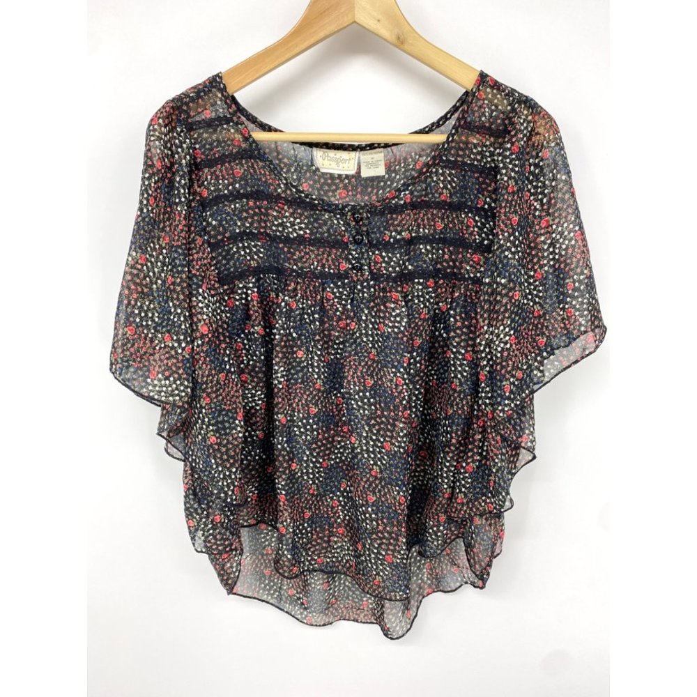 Passport floral sheer cape-sleeve blouse top - size medium